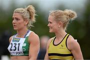 2 July 2013; Ailis McSweeney and Kelly Proper, left, in conversation as they leave the track after both were disqualified from the Women's 100m race at the 62nd Cork City Sports. Cork Institute of Technology, Bishopstown, Cork. Picture credit: Diarmuid Greene / SPORTSFILE