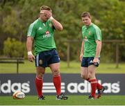 3 July 2013; Brian O'Driscoll and Tom Youngs, left, British & Irish Lions, during squad training ahead of their 3rd test match against Australia on Saturday. British & Irish Lions Tour 2013, Squad Training. Noosa Dolphins RFC, Dolphin Oval, Sunshine Beach, Queensland, Australia. Picture credit: Stephen McCarthy / SPORTSFILE