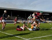 27 September 2020; Conor Fitzpatrick of Dicksboro looks to clear the ball under pressure from Joseph Cuddihy of Ballyhale Shamrocks during the Kilkenny County Senior Hurling Championship Final match between Ballyhale Shamrocks and Dicksboro at UPMC Nowlan Park in Kilkenny. Photo by Seb Daly/Sportsfile