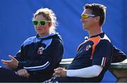 27 September 2020; Scorchers head coach Glenn Querl in conversation with Typhoons head coach Clare Shillington during the Women's Super Series match between Scorchers and Typhoons at Malahide Cricket Club in Dublin. Photo by Sam Barnes/Sportsfile