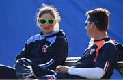 27 September 2020; Typhoons head coach Clare Shillington in conversation with Scorchers head coach Glenn Querl during the Women's Super Series match between Scorchers and Typhoons at Malahide Cricket Club in Dublin. Photo by Sam Barnes/Sportsfile