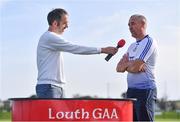 27 September 2020; Naomh Mairtin selector Eddie Martin is interviewed by Dan Bannon of the Louth and Proud Podcast ahead of the Louth County Senior Football Championship Final match between Naomh Mairtin and Ardee St Mary’s at Darver Louth Centre of Excellence in Louth. Photo by Ben McShane/Sportsfile