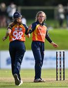 27 September 2020; Leah Paul of Scorchers, right, is congratulated by Anna Kerrison after bowling Rachel Delaney of Typhoons LBW during the Women's Super Series match between Scorchers and Typhoons at Malahide Cricket Club in Dublin. Photo by Sam Barnes/Sportsfile