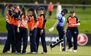 27 September 2020; Scorchers players celebrate the wicket of Rebecca Stokell of Typhoons during the Women's Super Series match between Scorchers and Typhoons at Malahide Cricket Club in Dublin. Photo by Sam Barnes/Sportsfile