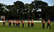 27 September 2020; Scorchers players leave the field dejected following the Women's Super Series match between Scorchers and Typhoons at Malahide Cricket Club in Dublin. Photo by Sam Barnes/Sportsfile