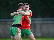 27 September 2020; Ballymun Kickhams players Evan Comerford and Darragh Conlon, right, celebrate after the Dublin County Senior 1 Football Championship Final match between Ballyboden St Enda's and Ballymun Kickhams at Parnell Park in Dublin. Photo by Piaras Ó Mídheach/Sportsfile