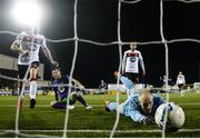 27 September 2020; Jack Byrne of Shamrock Rovers scores his side's first goal past Dundalk goalkeeper Aaron McCarey during the SSE Airtricity League Premier Division match between Dundalk and Shamrock Rovers at Oriel Park in Dundalk, Louth. Photo by Stephen McCarthy/Sportsfile