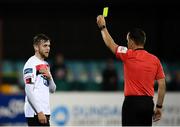 27 September 2020; Will Patching of Dundalk receives a yellow card from referee Ray Matthews during the SSE Airtricity League Premier Division match between Dundalk and Shamrock Rovers at Oriel Park in Dundalk, Louth. Photo by Stephen McCarthy/Sportsfile