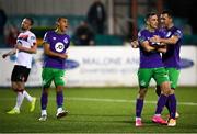 27 September 2020; Aaron McEneff is congratulated by Shamrock Rovers team-mate Aaron Greene, right, after scoring their third goal during the SSE Airtricity League Premier Division match between Dundalk and Shamrock Rovers at Oriel Park in Dundalk, Louth. Photo by Stephen McCarthy/Sportsfile