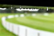 28 September 2020; A view of rain drops on the underside of the scoreboard as rain delays play during the Test Triangle Inter-Provincial Series 50 over match between Leinster Lightning and North-West Warriors at Malahide Cricket in Dublin. Photo by Sam Barnes/Sportsfile