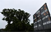 28 September 2020; A general view of the scoreboard as rain delays play during the Test Triangle Inter-Provincial Series 50 over match between Leinster Lightning and North-West Warriors at Malahide Cricket in Dublin. Photo by Sam Barnes/Sportsfile