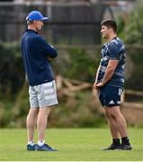 28 September 2020; Head coach Leo Cullen in conversation with Thomas Clarkson during Leinster Rugby squad training at UCD in Dublin. Photo by Ramsey Cardy/Sportsfile