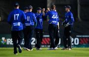 28 September 2020; North-West Warriors players celebrate the wicket of Lorcan Tucker of Leinster Lightning during the Test Triangle Inter-Provincial Series 50 over match between Leinster Lightning and North-West Warriors at Malahide Cricket in Dublin. Photo by Sam Barnes/Sportsfile