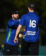 28 September 2020; Stuart Thompson of North West Warriors, left, celebrates with Conor Olphert after catching Stephen Doheny of Leinster Lightning during the Test Triangle Inter-Provincial Series 50 over match between Leinster Lightning and North-West Warriors at Malahide Cricket in Dublin. Photo by Sam Barnes/Sportsfile