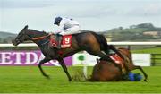 29 September 2020; Jimmy Jimmy, with Jack Kennedy up, gallops over the fallen Minella Escape, and an unseated Rachael Blackmore, on their way to winning the Hanlon Concrete (C & G) Maiden Hurdle at Punchestown Racecourse in Kildare. Photo by Seb Daly/Sportsfile