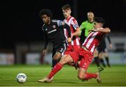 29 September 2020; Walter Figueira of Derry City in action against Darragh Noone, right, and Niall Morahan of Sligo Rovers during the SSE Airtricity League Premier Division match between Sligo Rovers and Derry City at The Showgrounds in Sligo. Photo by Stephen McCarthy/Sportsfile