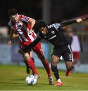 29 September 2020; Walter Figueira of Derry City in action against Darragh Noone of Sligo Rovers during the SSE Airtricity League Premier Division match between Sligo Rovers and Derry City at The Showgrounds in Sligo. Photo by Stephen McCarthy/Sportsfile