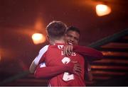 29 September 2020; Sligo Rovers goalscorer Ryan De Vries, right, celebrates with team-mate Lewis Banks following the SSE Airtricity League Premier Division match between Sligo Rovers and Derry City at The Showgrounds in Sligo. Photo by Stephen McCarthy/Sportsfile