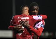 29 September 2020; Ryan De Vries, left, is congratulated by Sligo Rovers team-mate Junior Ogedi-Uzokwe on scoring their goal during the SSE Airtricity League Premier Division match between Sligo Rovers and Derry City at The Showgrounds in Sligo. Photo by Stephen McCarthy/Sportsfile