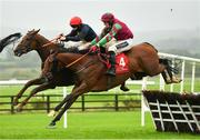 30 September 2020; Formal Order, right, with Keith Donoghue up, jumps the last alongside eventual third place Gaspard Du Seuil, with Rachael Blackmore up, on their way to winning the O'Brien Event Catering Maiden Hurdle at Punchestown Racecourse in Kildare. Photo by Seb Daly/Sportsfile