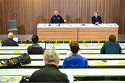 30 September 2020; Dundalk interim head coach Filippo Giovagnoli and Dundalk media officer Darren Crawley, right, during a Dundalk press conference at the Aviva Stadium in Dublin. Photo by Stephen McCarthy/Sportsfile