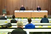 30 September 2020; Dundalk interim head coach Filippo Giovagnoli and Dundalk media officer Darren Crawley, right, during a Dundalk press conference at the Aviva Stadium in Dublin. Photo by Stephen McCarthy/Sportsfile