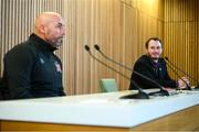 30 September 2020; Dundalk media officer Darren Crawley, right, and Dundalk interim head coach Filippo Giovagnoli during a Dundalk press conference at the Aviva Stadium in Dublin. Photo by Stephen McCarthy/Sportsfile