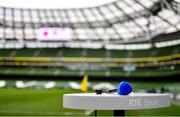 1 October 2020; An RTÉ microphone is seen ahead of the UEFA Europa League Play-off match between Dundalk and Ki Klaksvik at the Aviva Stadium in Dublin. Photo by Ben McShane/Sportsfile