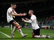 1 October 2020; Sean Murray of Dundalk celebrates with team-mate Michael Duffy after scoring their side's first goal during the UEFA Europa League Play-off match between Dundalk and Ki Klaksvik at the Aviva Stadium in Dublin. Photo by Stephen McCarthy/Sportsfile