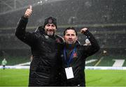 1 October 2020; Dundalk interim head coach Filippo Giovagnoli and Dundalk assistant coach Giuseppe Rossi, right, celebrate following the UEFA Europa League Play-off match between Dundalk and Ki Klaksvik at the Aviva Stadium in Dublin. Photo by Stephen McCarthy/Sportsfile