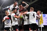 1 October 2020; Dundalk players celebrate their side's second goal during the UEFA Europa League Play-off match between Dundalk and Ki Klaksvik at the Aviva Stadium in Dublin. Photo by Ben McShane/Sportsfile