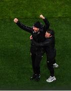 1 October 2020; Dundalk interim head coach Filippo Giovagnoli and Dundalk assistant coach Giuseppe Rossi, right, celebrate at the final whistle of the UEFA Europa League Play-off match between Dundalk and Ki Klaksvik at the Aviva Stadium in Dublin. Photo by Eóin Noonan/Sportsfile