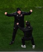 1 October 2020; Dundalk interim head coach Filippo Giovagnoli and Dundalk assistant coach Giuseppe Rossi, right, celebrate at the final whistle of the UEFA Europa League Play-off match between Dundalk and Ki Klaksvik at the Aviva Stadium in Dublin. Photo by Eóin Noonan/Sportsfile