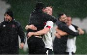 1 October 2020; Dundalk's Sean Hoare celebrates with assistant coach Giuseppe Rossi following the UEFA Europa League Play-off match between Dundalk and Ki Klaksvik at the Aviva Stadium in Dublin. Photo by Stephen McCarthy/Sportsfile