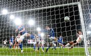 1 October 2020; Daniel Cleary of Dundalk scores his side's second goal during the UEFA Europa League Play-off match between Dundalk and Ki Klaksvik at the Aviva Stadium in Dublin. Photo by Stephen McCarthy/Sportsfile