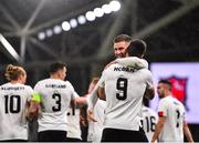 1 October 2020; Patrick McEleney of Dundalk celebrates with team-mate Patrick Hoban, 9, after their side's second goal during the UEFA Europa League Play-off match between Dundalk and Ki Klaksvik at the Aviva Stadium in Dublin. Photo by Ben McShane/Sportsfile