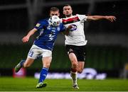 1 October 2020; Jóannes Danielsen of Ki Klaksvik and Michael Duffy of Dundalk during the UEFA Europa League Play-off match between Dundalk and Ki Klaksvik at the Aviva Stadium in Dublin. Photo by Ben McShane/Sportsfile