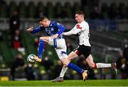 1 October 2020; Jesper Brinck of Ki Klaksvik and Daniel Kelly of Dundalk during the UEFA Europa League Play-off match between Dundalk and Ki Klaksvik at the Aviva Stadium in Dublin. Photo by Ben McShane/Sportsfile