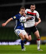 1 October 2020; Jóannes Danielsen of Ki Klaksvik and Michael Duffy of Dundalk during the UEFA Europa League Play-off match between Dundalk and Ki Klaksvik at the Aviva Stadium in Dublin. Photo by Ben McShane/Sportsfile