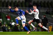 1 October 2020; Jesper Brinck of Ki Klaksvik and Daniel Kelly of Dundalk during the UEFA Europa League Play-off match between Dundalk and Ki Klaksvik at the Aviva Stadium in Dublin. Photo by Ben McShane/Sportsfile