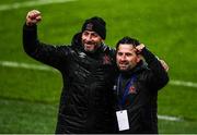 1 October 2020; Dundalk interim head coach Filippo Giovagnoli, left, and assistant coach Giuseppe Rossi celebrate following the UEFA Europa League Play-off match between Dundalk and Ki Klaksvik at the Aviva Stadium in Dublin. Photo by Ben McShane/Sportsfile