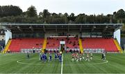 2 October 2020; Players make their way to their positions, in front of a mostly empty stand, before the SSE Airtricity League Premier Division match between Derry City and Waterford at Ryan McBride Brandywell Stadium in Derry. Photo by Piaras Ó Mídheach/Sportsfile