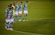 2 October 2020; Shamrock Rovers players observe a minute's silence for the late Michael Hayes of the FAI's Competitions Department prior to the SSE Airtricity League Premier Division match between Shamrock Rovers and Sligo Rovers at Tallaght Stadium in Dublin. Photo by Stephen McCarthy/Sportsfile