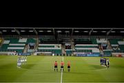 2 October 2020; Players and officials observe a minute's silence for the late Michael Hayes of the FAI's Competitions Department prior to the SSE Airtricity League Premier Division match between Shamrock Rovers and Sligo Rovers at Tallaght Stadium in Dublin. Photo by Stephen McCarthy/Sportsfile
