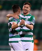 2 October 2020; Ronan Finn is congratulated by his Shamrock Rovers team-mate Aaron McEneff, left, after scoring their opening goal during the SSE Airtricity League Premier Division match between Shamrock Rovers and Sligo Rovers at Tallaght Stadium in Dublin. Photo by Stephen McCarthy/Sportsfile