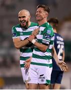 2 October 2020; Ronan Finn is congratulated by his Shamrock Rovers team-mate Joey O'Brien, left, after scoring their opening goal during the SSE Airtricity League Premier Division match between Shamrock Rovers and Sligo Rovers at Tallaght Stadium in Dublin. Photo by Stephen McCarthy/Sportsfile