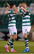 2 October 2020; Ronan Finn is congratulated by his Shamrock Rovers team-mate Aaron McEneff, left, after scoring their opening goal during the SSE Airtricity League Premier Division match between Shamrock Rovers and Sligo Rovers at Tallaght Stadium in Dublin. Photo by Stephen McCarthy/Sportsfile