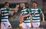 2 October 2020; Ronan Finn is congratulated by his Shamrock Rovers team-mates Joey O'Brien, centre, and Graham Burke, left, after scoring their opening goal during the SSE Airtricity League Premier Division match between Shamrock Rovers and Sligo Rovers at Tallaght Stadium in Dublin. Photo by Stephen McCarthy/Sportsfile