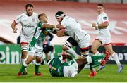 2 October 2020; Marcell Coetze of Ulster is tackled by Cherif Traore and Dewaldt Duvenage of Benetton during the Guinness PRO14 match between Ulster and Benetton at the Kingspan Stadium in Belfast. Photo by John Dickson/Sportsfile