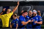 2 October 2020; Rónan Kelleher, left, and Michael Bent of Leinster celebrate a penalty during the Guinness PRO14 match between Leinster and Dragons at the RDS Arena in Dublin. Photo by Ramsey Cardy/Sportsfile